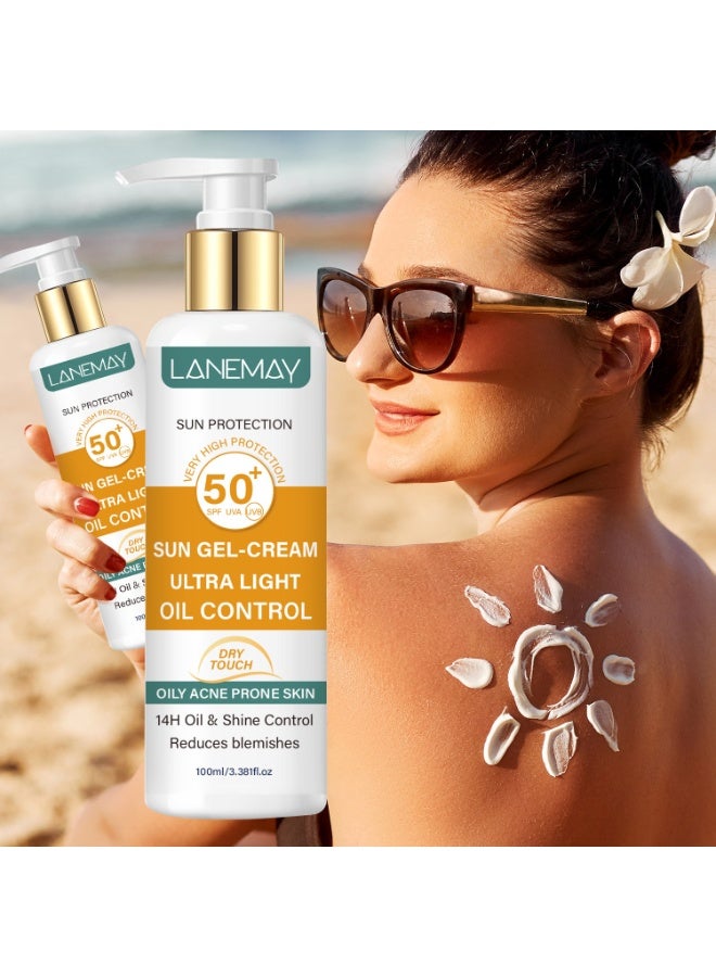 لينماي كريم جل واقي من الشمس خفيف الوزن من LANEMAY بعامل حماية SPF50+ للتحكم في الزيوت، 100 مل، واقي من أشعة الشمس UVA وUVB يدوم طويلاً للبشرة الدهنية المعرضة لحب الشباب - Image 1
