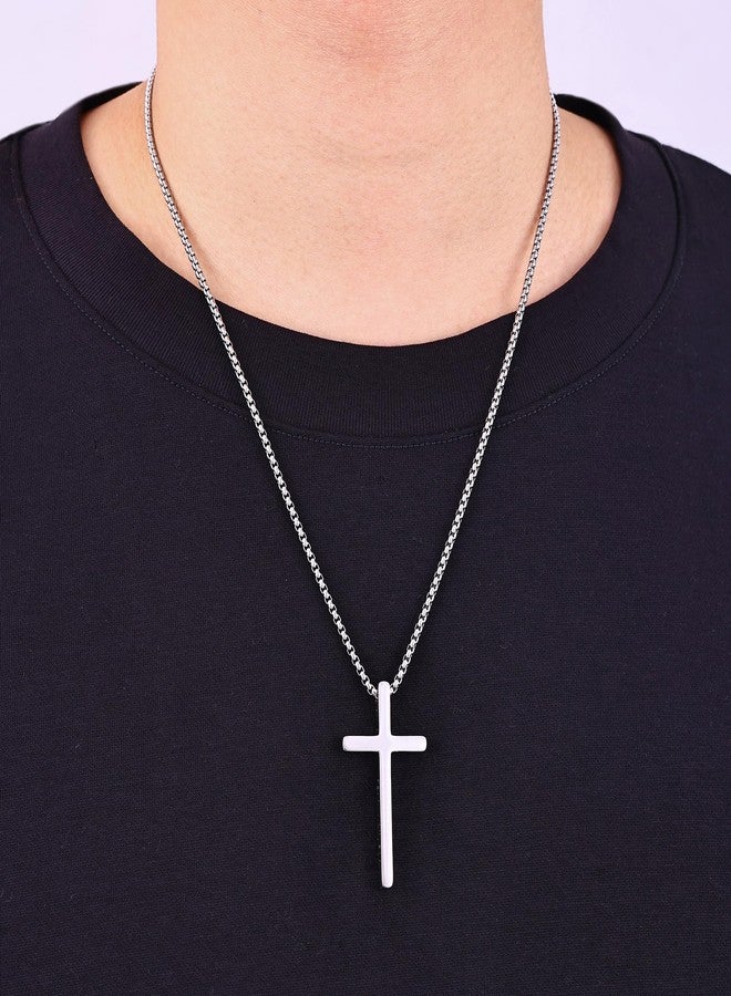 Fiusem Cross Necklace for Men, Inspirational Bible Verse Cross Chain for Men, Stainless Steel Box Necklace, 22", Stainless Steel, No Gemstone - Image 2