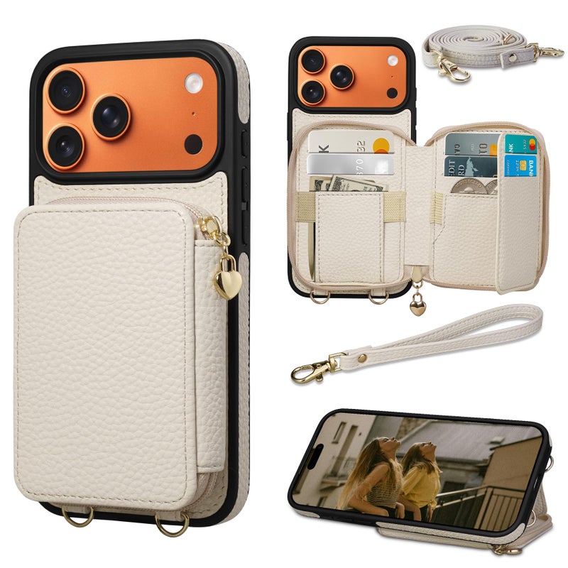Keallce Case for iPhone 17 Pro Max 6.9'' Case Wallet, Crossbody Zipper Purse with RFID Blocking Card Slots Kickstand, Lanyard & Handstrap Flip Folio Leather Phone Cover for iPhone 17 Pro Max, Beige - Image 1