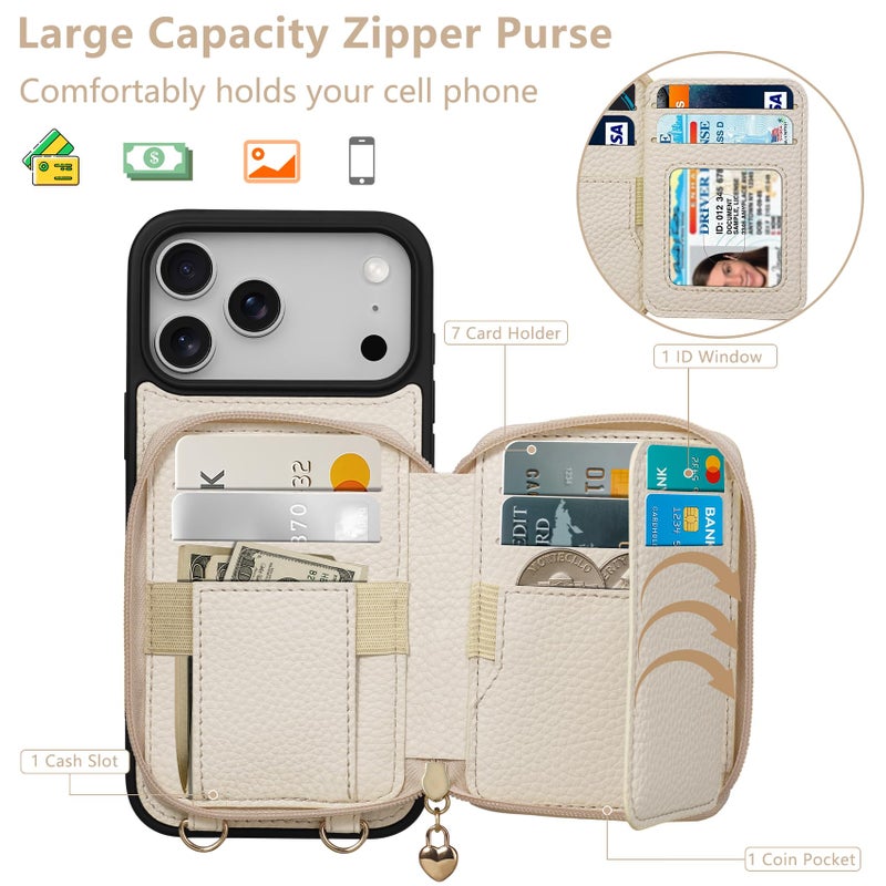 Keallce Case for iPhone 17 Pro Max 6.9'' Case Wallet, Crossbody Zipper Purse with RFID Blocking Card Slots Kickstand, Lanyard & Handstrap Flip Folio Leather Phone Cover for iPhone 17 Pro Max, Beige - Image 2