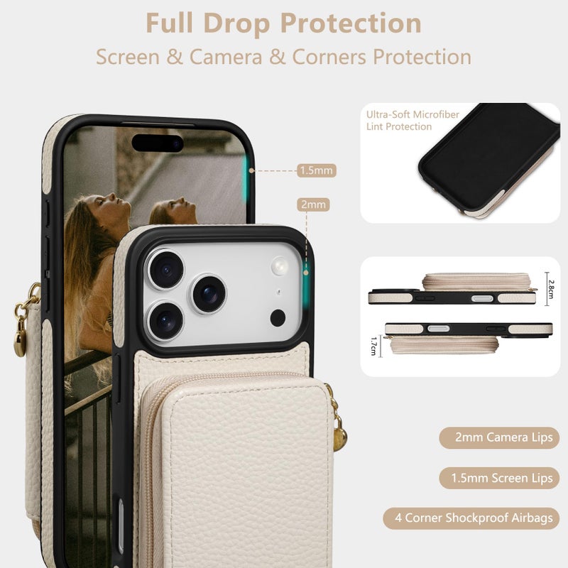 Keallce Case for iPhone 17 Pro Max 6.9'' Case Wallet, Crossbody Zipper Purse with RFID Blocking Card Slots Kickstand, Lanyard & Handstrap Flip Folio Leather Phone Cover for iPhone 17 Pro Max, Beige - Image 4