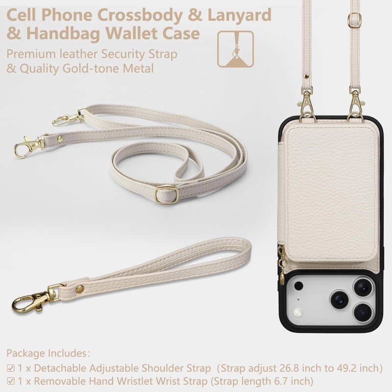 Keallce Case for iPhone 17 Pro Max 6.9'' Case Wallet, Crossbody Zipper Purse with RFID Blocking Card Slots Kickstand, Lanyard & Handstrap Flip Folio Leather Phone Cover for iPhone 17 Pro Max, Beige - Image 5