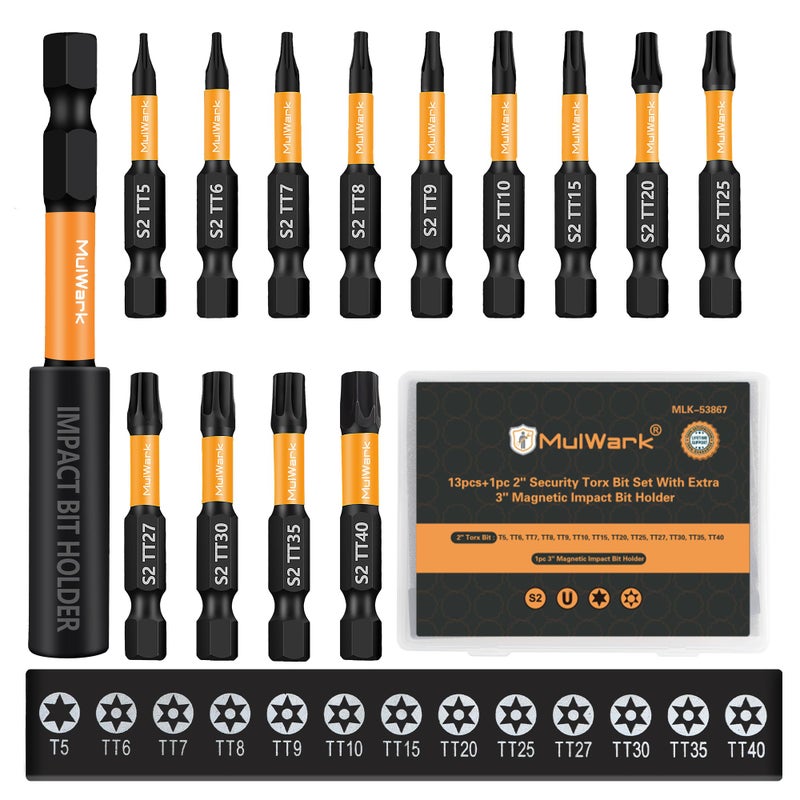 Mulwark 1" Torx Bits Set, 14 Pieces (T5-T40) â€“ S2 Steel Security Torx Socket Bits with Magnetic Holder - Image 1