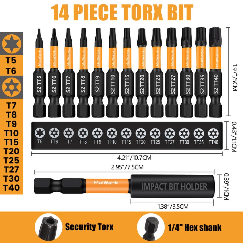 Mulwark 1" Torx Bits Set, 14 Pieces (T5-T40) â€“ S2 Steel Security Torx Socket Bits with Magnetic Holder - Image 2