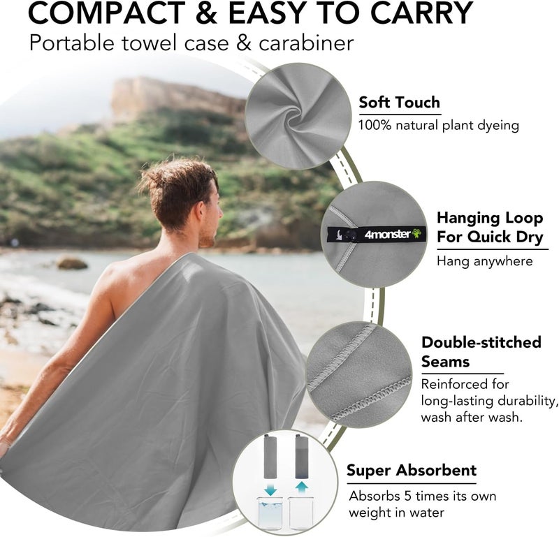 4Monster Camping Towels Super Absorbent, Fast Drying Microfiber Travel Towel, Quick Dry Ultra Soft Compact Gym Towel for Swimming Beach Hiking Yoga Travel Sports Backpack - Image 3