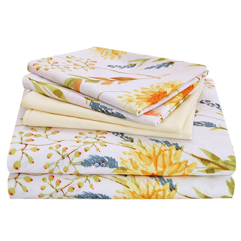 JSD 6 Piece Yellow Floral Print Sheet Set Queen Size Soft Botanical Microfiber Sheets and Pillowcases Deep Pocket