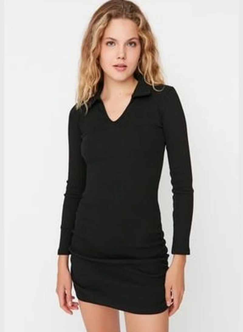 trendyol Black Shirring Detail, Fitted Mini Polo Neck, Ribbed, Flexible Knit Dress TWOAW23EL01401