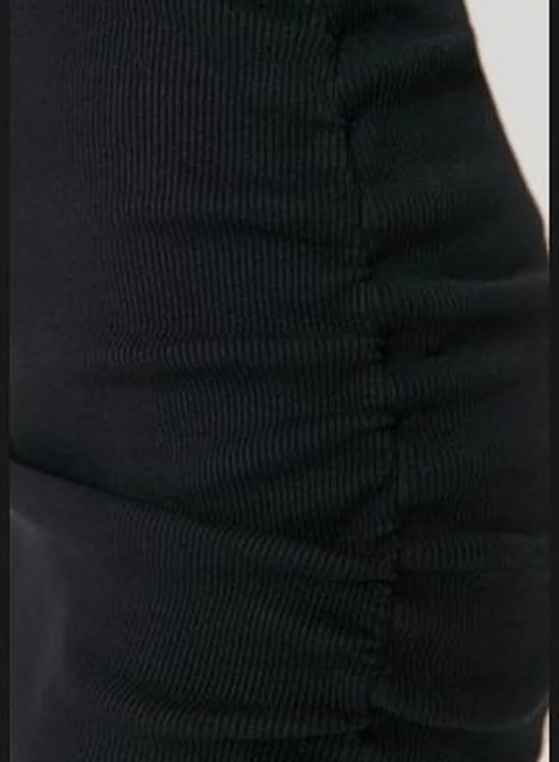 trendyol Black Shirring Detail, Fitted Mini Polo Neck, Ribbed, Flexible Knit Dress TWOAW23EL01401