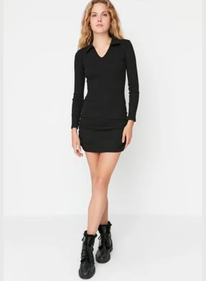 trendyol Black Shirring Detail, Fitted Mini Polo Neck, Ribbed, Flexible Knit Dress TWOAW23EL01401