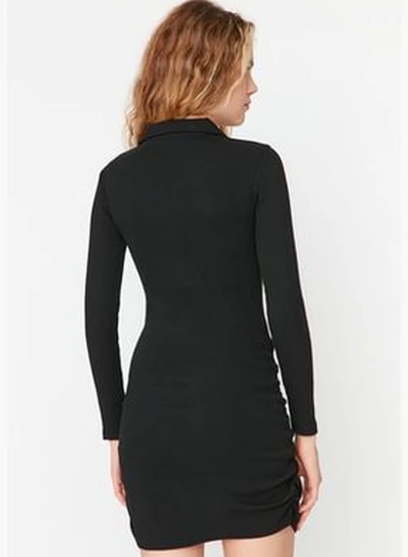 trendyol Black Shirring Detail, Fitted Mini Polo Neck, Ribbed, Flexible Knit Dress TWOAW23EL01401