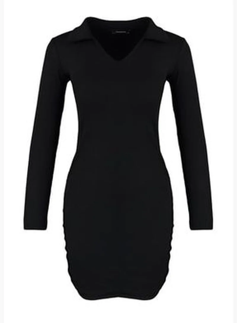 trendyol Black Shirring Detail, Fitted Mini Polo Neck, Ribbed, Flexible Knit Dress TWOAW23EL01401