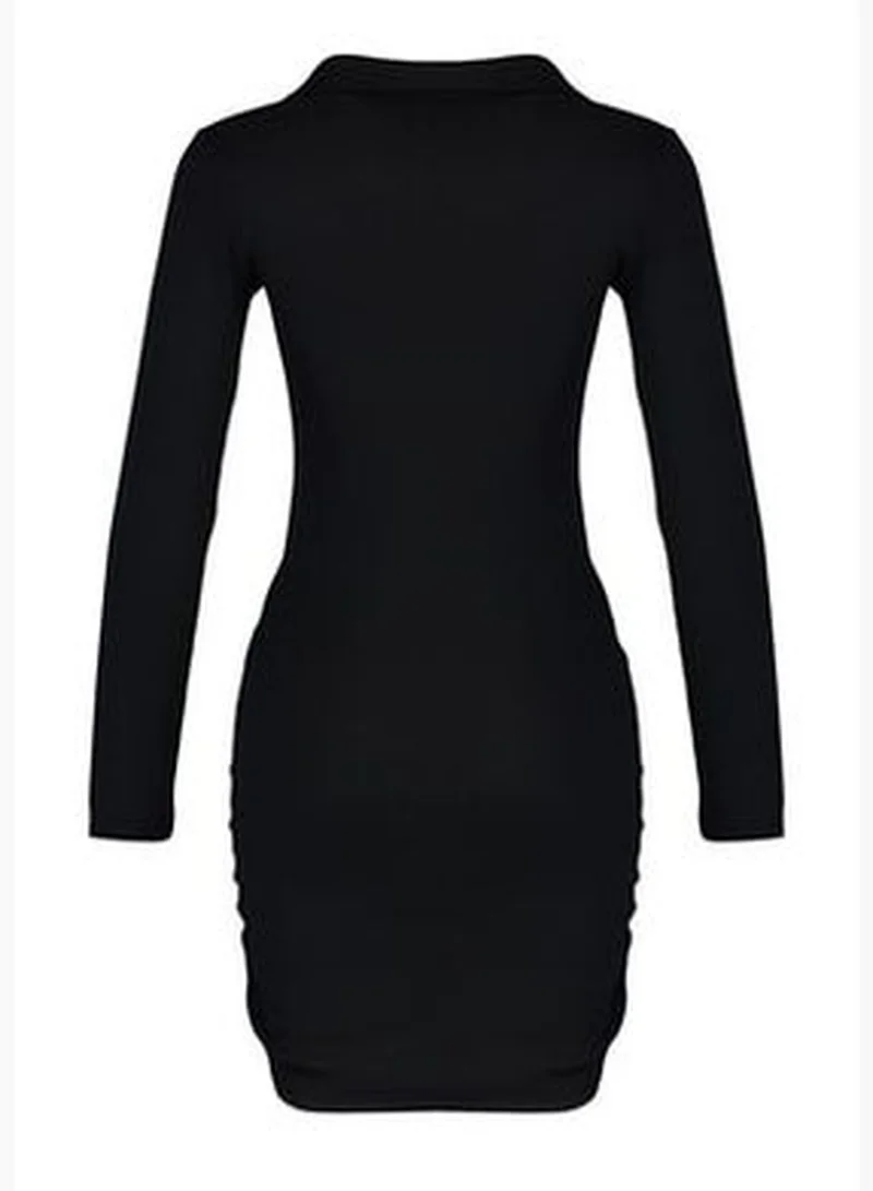 trendyol Black Shirring Detail, Fitted Mini Polo Neck, Ribbed, Flexible Knit Dress TWOAW23EL01401