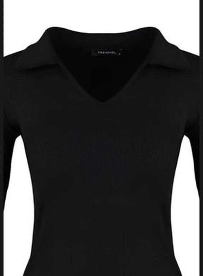 trendyol Black Shirring Detail, Fitted Mini Polo Neck, Ribbed, Flexible Knit Dress TWOAW23EL01401