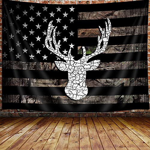 VEIGIKE American Flag Hunting Tapestry Western Black and White Country Deer Tapestry Wall Hanging for Men Bedroom Room Rustic Camo Tapestries Poster Blanket College Dorm Home Decor 60X40 Inches