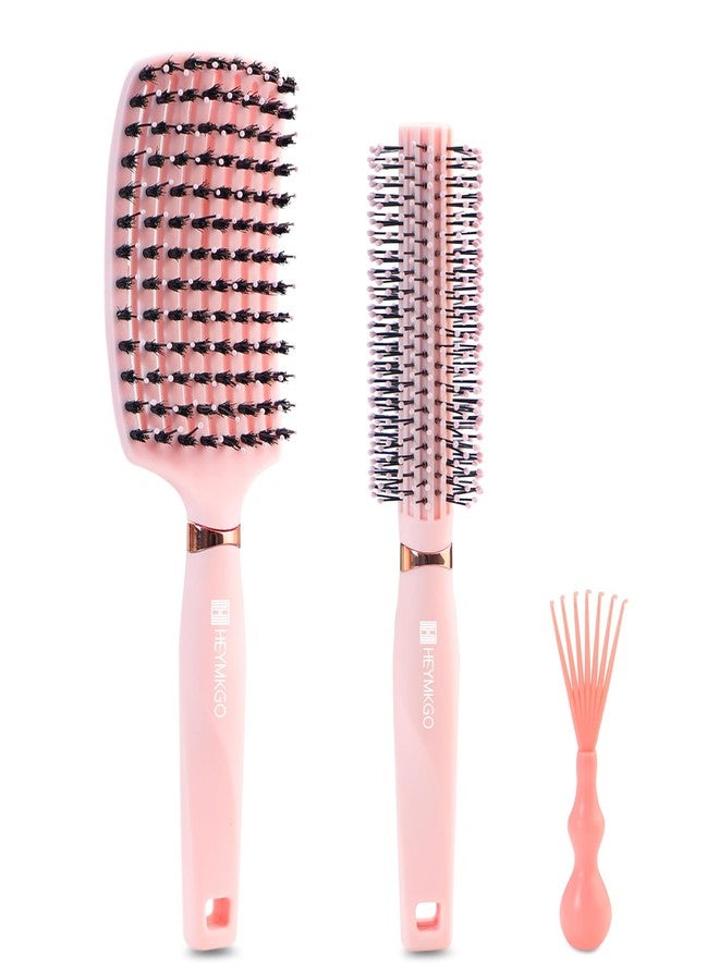 HEYMKGO Hair Brush Set for Women, Curved Vent Boar Bristle Detangling Brush & Round Brush for Wet & Dry Hair, Styling Tools for Blow Drying, Volumizing, Curling, Straightening, Removes Knots, Pink - Image 1