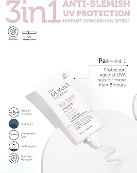 The Purest Solutions Blemish Defense UV Shield with Antioxidant Protection SPF 50 8h UVA Protection Arbutin Niacinamide for Skin Tone Harmonization and Moisturizers Vegan 50 ml - Image 3