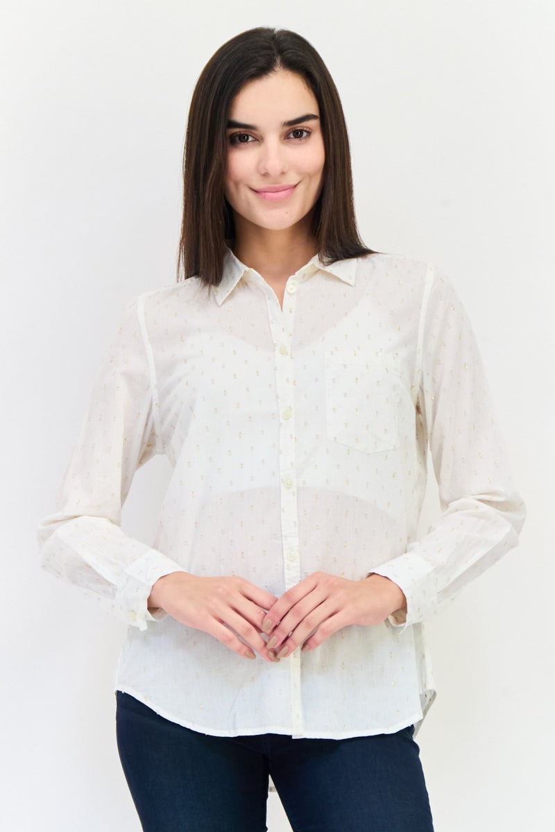 GAP Women Spread Collar Long Sleeve Metallic Shirt, White - Image 1