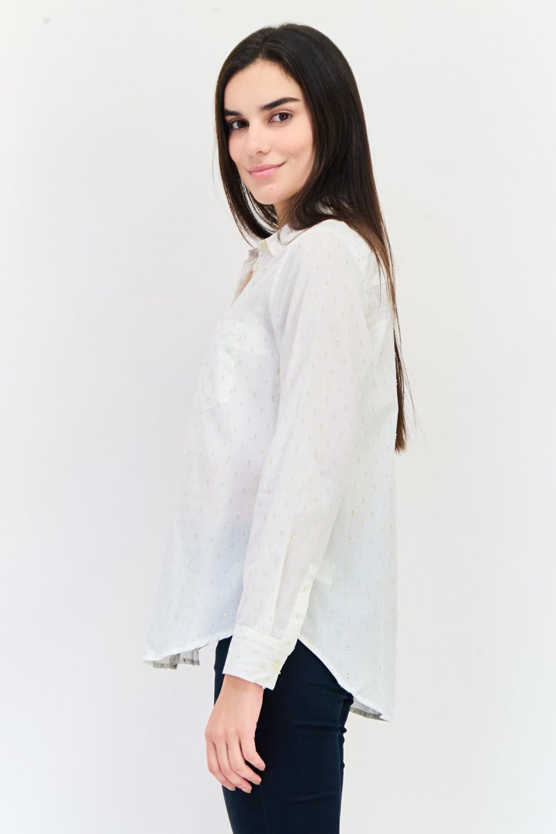 GAP Women Spread Collar Long Sleeve Metallic Shirt, White - Image 2