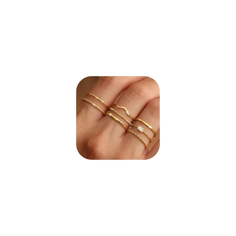 THUNARAZ 8Pcs Stackable Rings for Women Non Tarnish 14K Gold Plated Stainless Steel Dainty Rings Set Minimalist Thin Thumb Ring Cubic Zirconia Wave Statement Ring Bands for Women Gold Size 7 - Image 1