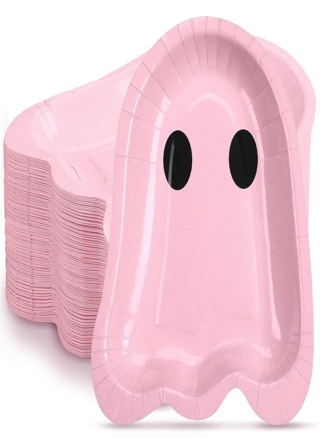 FoldTier 100 Pcs 9 Inch Halloween Pink Paper Plates Ghost Shape Disposable Dessert Plates Halloween Winter Holiday Appetizer Decorative Tableware Trick or Ghost, Treat Party Supplies - Image 1