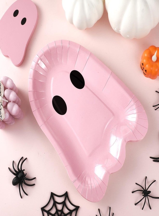 FoldTier 100 Pcs 9 Inch Halloween Pink Paper Plates Ghost Shape Disposable Dessert Plates Halloween Winter Holiday Appetizer Decorative Tableware Trick or Ghost, Treat Party Supplies - Image 2
