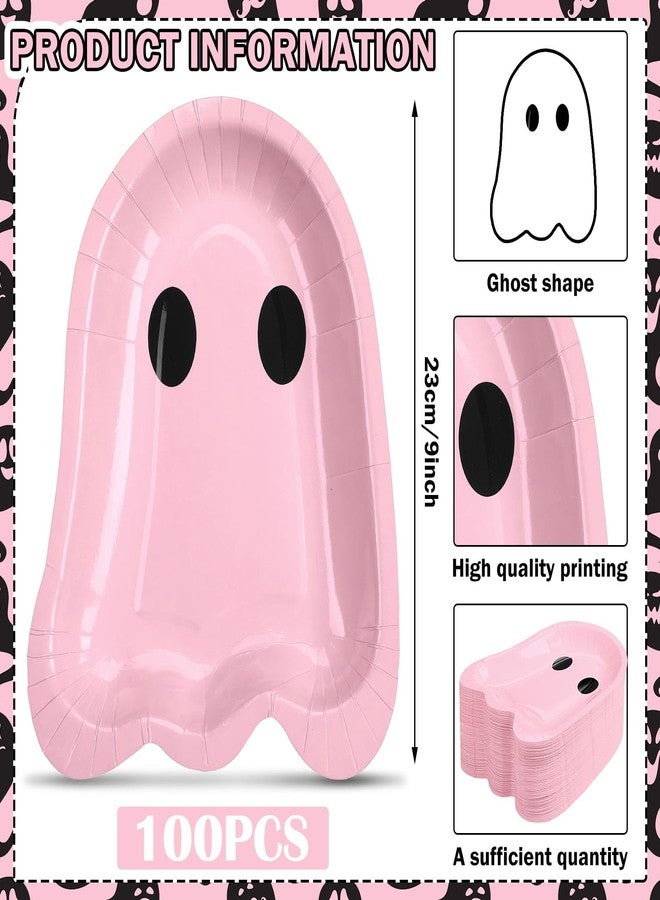 FoldTier 100 Pcs 9 Inch Halloween Pink Paper Plates Ghost Shape Disposable Dessert Plates Halloween Winter Holiday Appetizer Decorative Tableware Trick or Ghost, Treat Party Supplies - Image 4