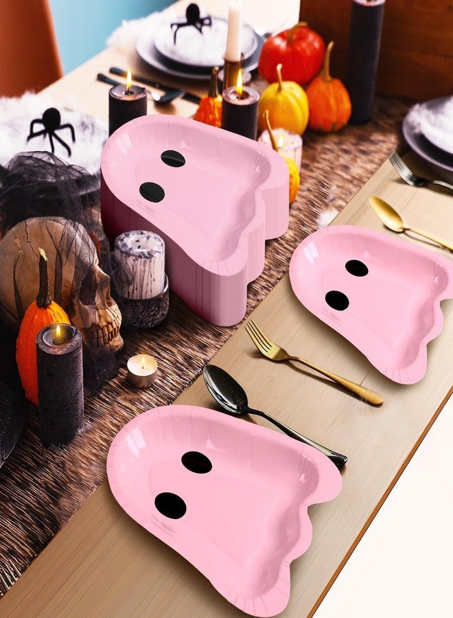 FoldTier 100 Pcs 9 Inch Halloween Pink Paper Plates Ghost Shape Disposable Dessert Plates Halloween Winter Holiday Appetizer Decorative Tableware Trick or Ghost, Treat Party Supplies - Image 5