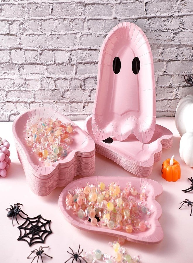 FoldTier 100 Pcs 9 Inch Halloween Pink Paper Plates Ghost Shape Disposable Dessert Plates Halloween Winter Holiday Appetizer Decorative Tableware Trick or Ghost, Treat Party Supplies - Image 3
