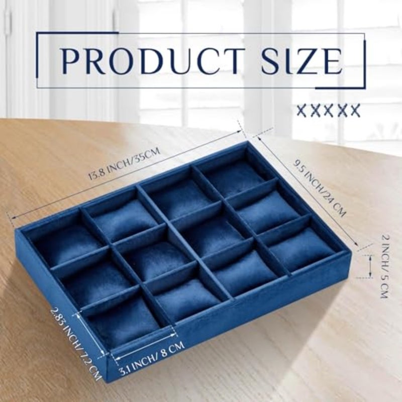2 Pieces Velvet Watch Tray Jewelry Organizer Stackable Watch Bracelet Bangle Display Holder Adjustable Pillow, 12 Grid, MDF, Velvet - Image 2