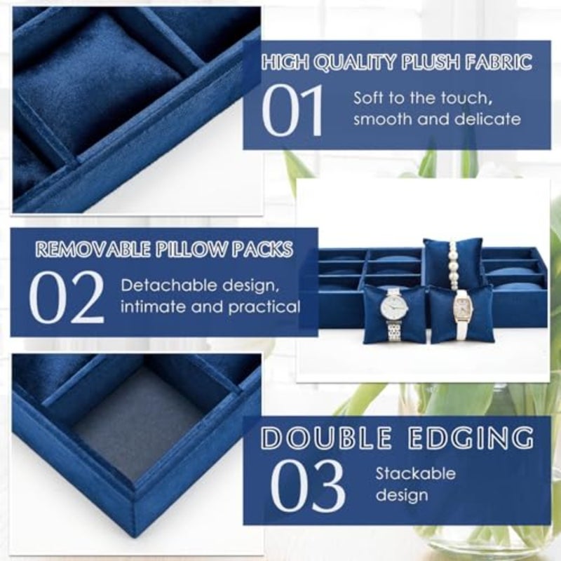 2 Pieces Velvet Watch Tray Jewelry Organizer Stackable Watch Bracelet Bangle Display Holder Adjustable Pillow, 12 Grid, MDF, Velvet - Image 3