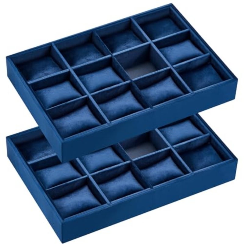 2 Pieces Velvet Watch Tray Jewelry Organizer Stackable Watch Bracelet Bangle Display Holder Adjustable Pillow, 12 Grid, MDF, Velvet - Image 1