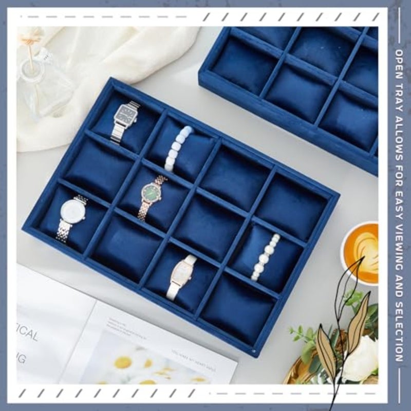 2 Pieces Velvet Watch Tray Jewelry Organizer Stackable Watch Bracelet Bangle Display Holder Adjustable Pillow, 12 Grid, MDF, Velvet - Image 5