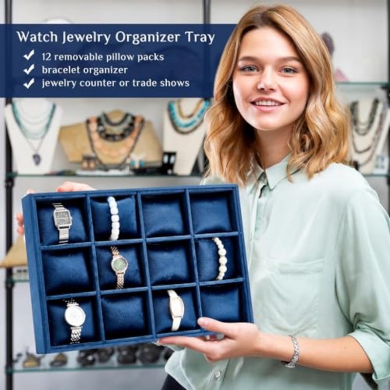 2 Pieces Velvet Watch Tray Jewelry Organizer Stackable Watch Bracelet Bangle Display Holder Adjustable Pillow, 12 Grid, MDF, Velvet - Image 4