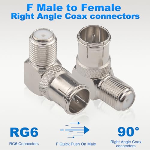 onelinkmore F Male to Female Right Angle Coax connectors Type F Adapters Push on Coaxial Quick Connect RG6 Connectors for Wall Mounted TV,Wall Plate, Cabinet, RV TV and Coaxial Cable Connection Pack of 2 - Image 4