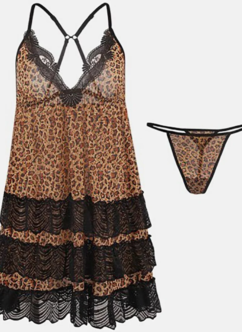 يونيكي Brown Animal Print Babydoll with Briefs
