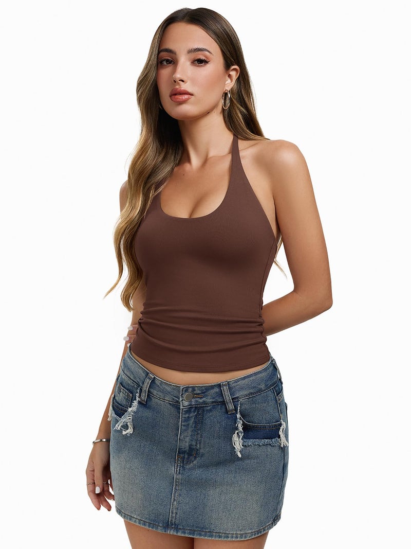REORIA Women's Basic Scoop Neck Backless Double Lined Going Out Braless Tie Halter Tank Tops Y2k Cute Summer Trendy Gym Workout No Bra Sleeveless Shirts Brown - Image 2