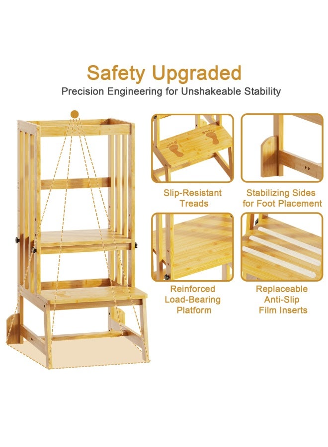 أوبتيا مقعد مطبخ للأطفال، برج وقوف للأطفال الصغار قابل لتعديل الارتفاع مع أقدام مانعة للانزلاق، مقعد تعليمي للأطفال الصغار للمساعدة في استخدام منضدة المطبخ أو حوض الحمام، مصنوع من الخيزران الطبيعي - Image 3