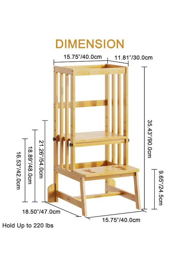 أوبتيا مقعد مطبخ للأطفال، برج وقوف للأطفال الصغار قابل لتعديل الارتفاع مع أقدام مانعة للانزلاق، مقعد تعليمي للأطفال الصغار للمساعدة في استخدام منضدة المطبخ أو حوض الحمام، مصنوع من الخيزران الطبيعي - Image 2