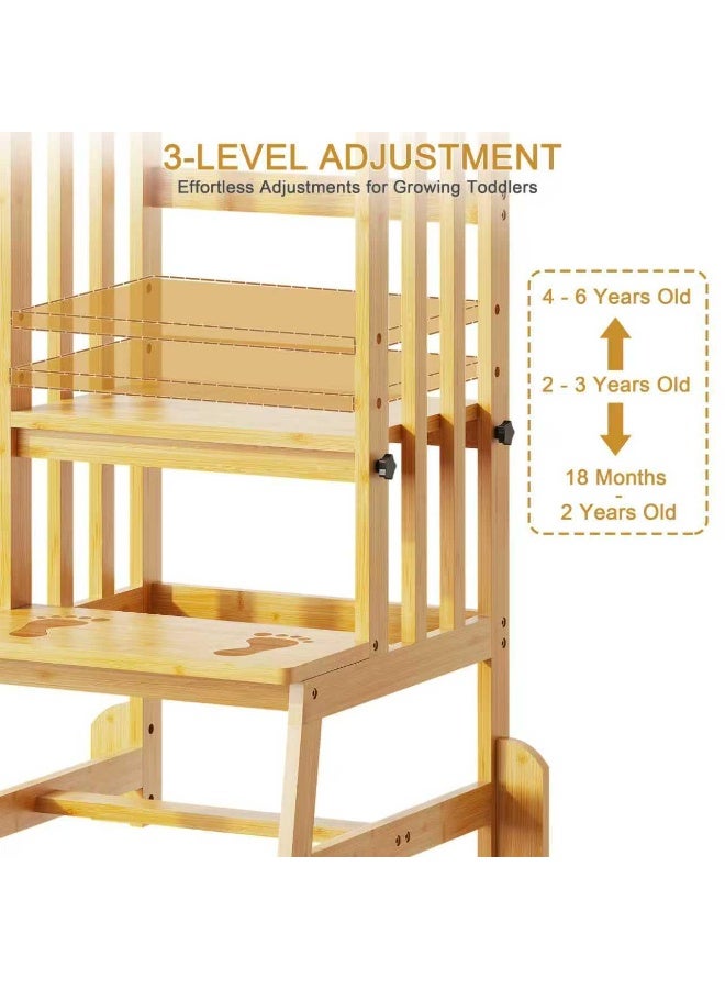أوبتيا مقعد مطبخ للأطفال، برج وقوف للأطفال الصغار قابل لتعديل الارتفاع مع أقدام مانعة للانزلاق، مقعد تعليمي للأطفال الصغار للمساعدة في استخدام منضدة المطبخ أو حوض الحمام، مصنوع من الخيزران الطبيعي - Image 5