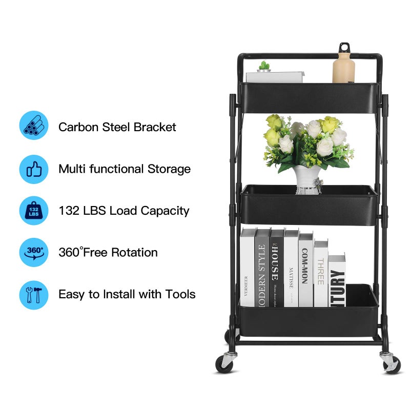 johgee Foldable 3 Tier Metal Utility Rolling Cart, Folding Mobile Multi-Function Storage Trolley Organizer Cart for Home Library Office(Black) - Image 3
