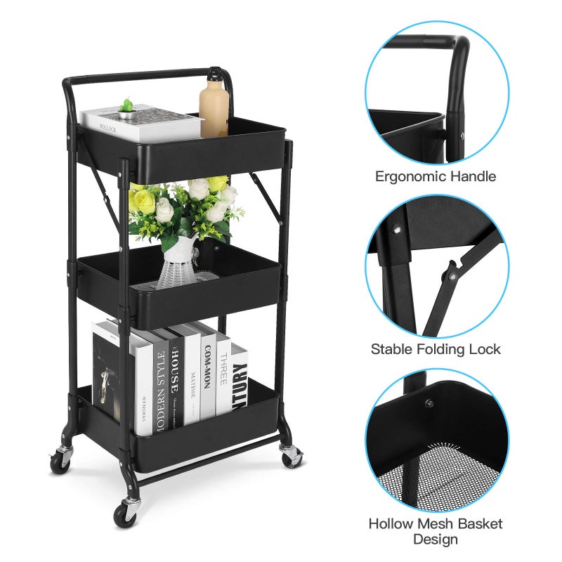 johgee Foldable 3 Tier Metal Utility Rolling Cart, Folding Mobile Multi-Function Storage Trolley Organizer Cart for Home Library Office(Black) - Image 4