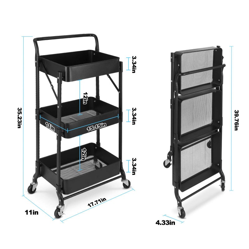 johgee Foldable 3 Tier Metal Utility Rolling Cart, Folding Mobile Multi-Function Storage Trolley Organizer Cart for Home Library Office(Black) - Image 5