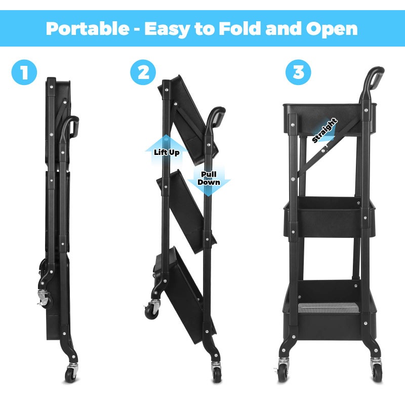 johgee Foldable 3 Tier Metal Utility Rolling Cart, Folding Mobile Multi-Function Storage Trolley Organizer Cart for Home Library Office(Black) - Image 2