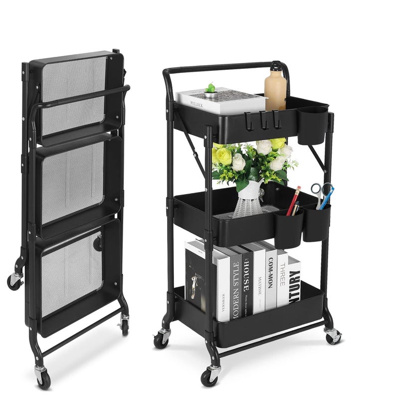 johgee Foldable 3 Tier Metal Utility Rolling Cart, Folding Mobile Multi-Function Storage Trolley Organizer Cart for Home Library Office(Black) - Image 1