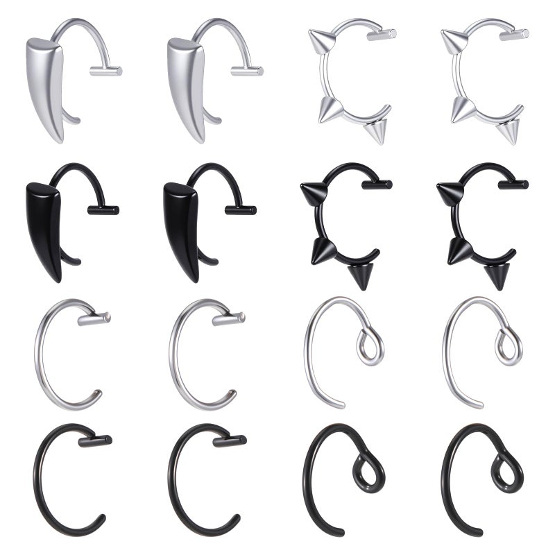 Alrhso 16 Pcs Fake Lip Ring Fake Snake Bite Non-Piercing Lip Cuff Ear Cuff Stainless Steel Vampire Teeth Ring Septum Nose Piercing Set for Women Men (Black Silver) - Image 1