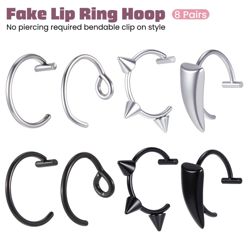 Alrhso 16 Pcs Fake Lip Ring Fake Snake Bite Non-Piercing Lip Cuff Ear Cuff Stainless Steel Vampire Teeth Ring Septum Nose Piercing Set for Women Men (Black Silver) - Image 2