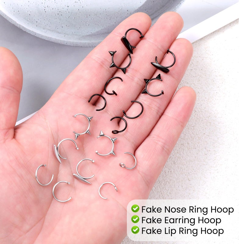 Alrhso 16 Pcs Fake Lip Ring Fake Snake Bite Non-Piercing Lip Cuff Ear Cuff Stainless Steel Vampire Teeth Ring Septum Nose Piercing Set for Women Men (Black Silver) - Image 3