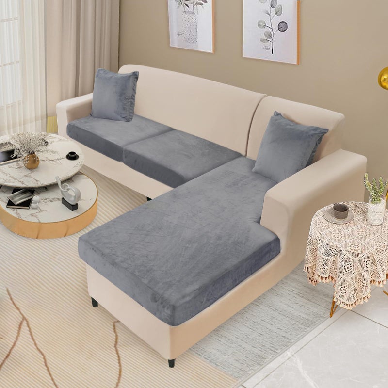 NAISI Sectional Couch Cover 3 Pieces Velvet Separate Couch Cushion Covers L Shape Soft Stretch Sofa Slipcovers with 2pcs Pillowcases for Left/Right Chaise Sectional Couch(2 Seater+1 Chaise,Dark Grey) - Image 2