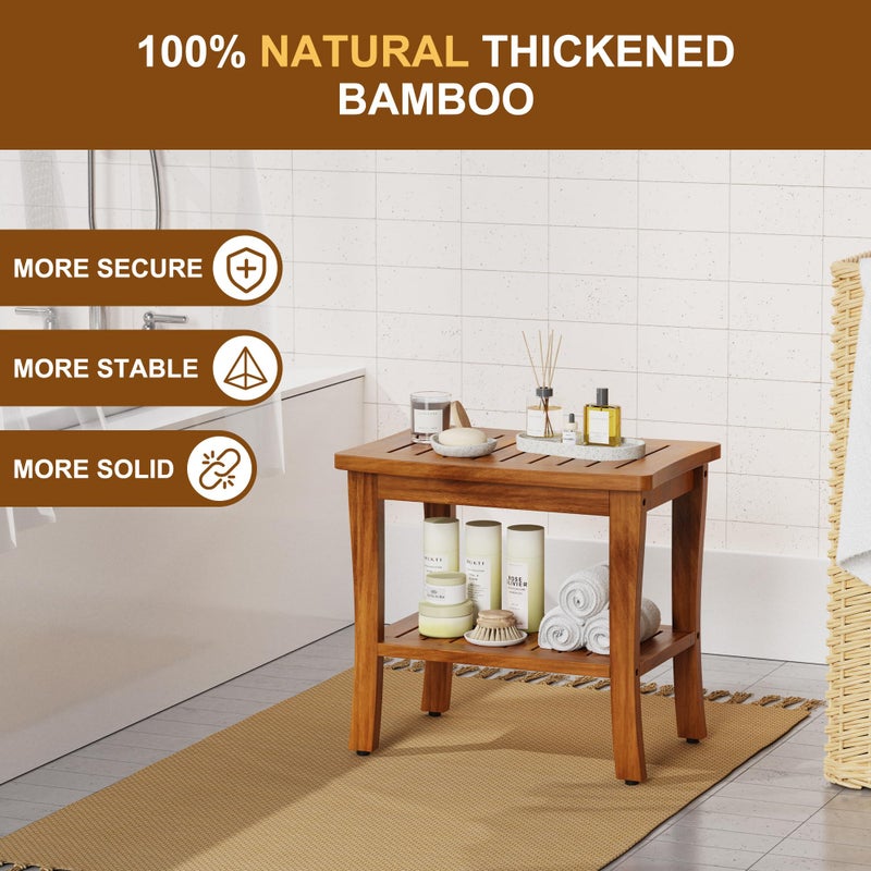 Greenual Teak Wood Shower Bench Stool with Storage Shelf, Wooden Waterproof Bathroom Spa Bathing Teak Shower Stool with Non-Slip Feet Gadget 2024 for Indoor or Outdoor Shower Chair Seat Organizer - Image 3