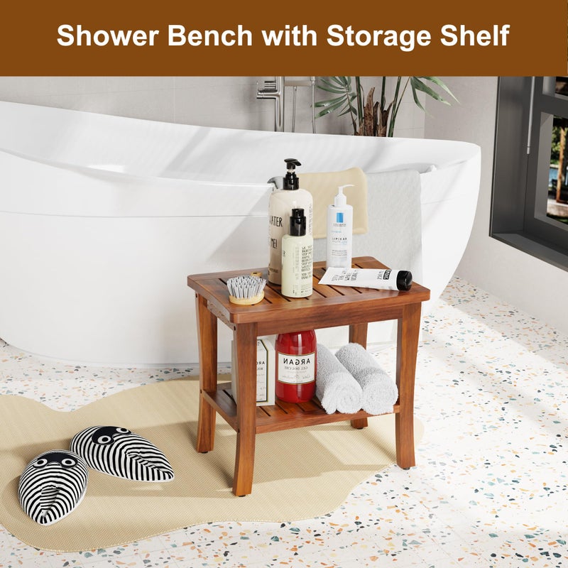 Greenual Teak Wood Shower Bench Stool with Storage Shelf, Wooden Waterproof Bathroom Spa Bathing Teak Shower Stool with Non-Slip Feet Gadget 2024 for Indoor or Outdoor Shower Chair Seat Organizer - Image 2